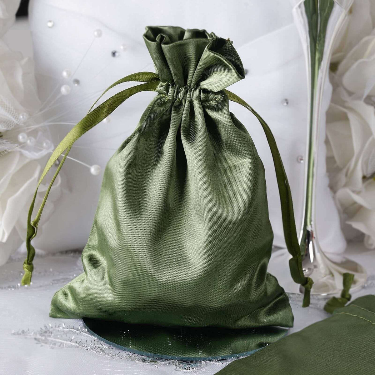12 Pack 5"x7" Olive Green Satin Drawstring Wedding Party Favor Gift Bags, Drawstring Pouch Gift Bags